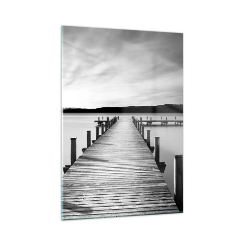 Quadro su vetro - Un molo di legno conduce in lontananza attraverso un lago calmo - 50x70cm - Pace sull'acqua - Decorazione murale moderna per soggiorno e camera da letto ARTTOR