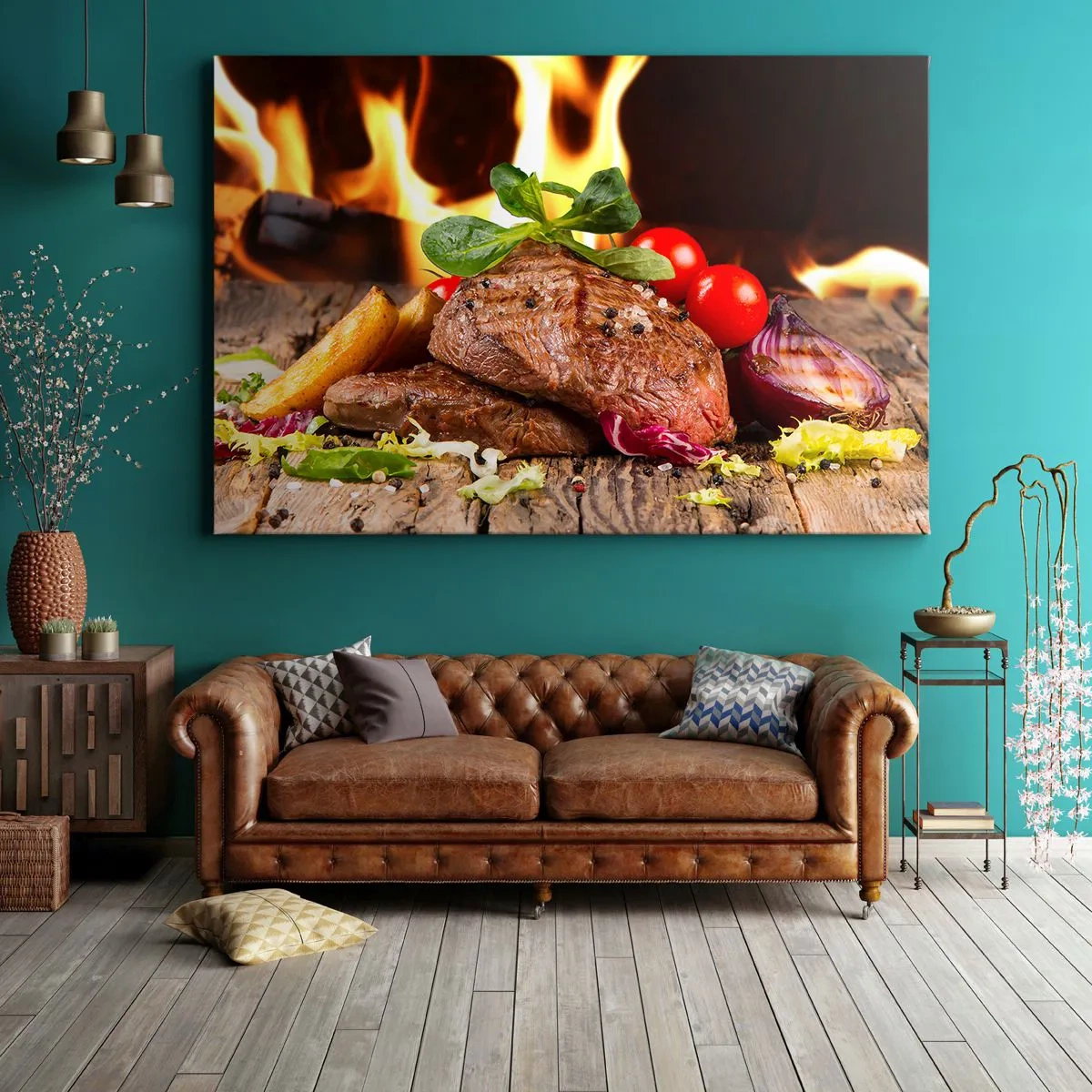 Quadro su tela - Stampe su Tela - Bistecca alla griglia con contorni sullo sfondo delle fiamme - 100x70cm - Incantate dal fuoco - Decorazione murale moderna per soggiorno e camera da letto ARTTOR
