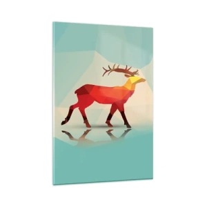 Quadro su vetro - Silhouette geometrica di un cervo nei toni del rosso e dell'arancione - 80x120cm - Il cervo geometrico - Decorazione murale moderna per soggiorno e camera da letto ARTTOR