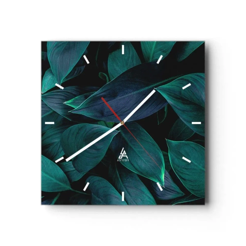 Orologio da parete - Orologio in Vetro - Primo piano di foglie verdi con sfondo scuro - 30x30cm - Il verde puro - Decorazione murale moderna per soggiorno e camera da letto ARTTOR