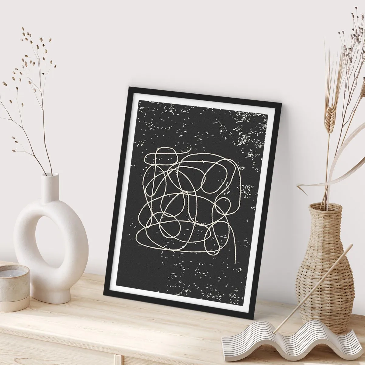 Poster in cornice nera - Linee caotiche su sfondo nero con punti bianchi - 50x70cm - Il caos dei pensieri - Decorazione murale moderna per soggiorno e camera da letto ARTTOR