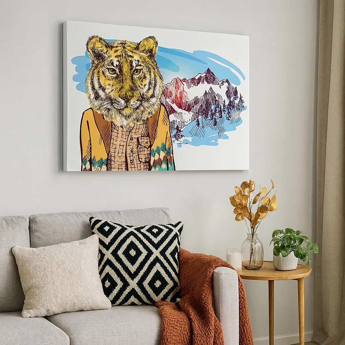Quadro su tela - Stampe su Tela - Una tigre con un cappotto sullo sfondo di un paesaggio montano - 70x50cm - Non così selvaggia come la si dipinge - Decorazione murale moderna per soggiorno e camera da letto ARTTOR