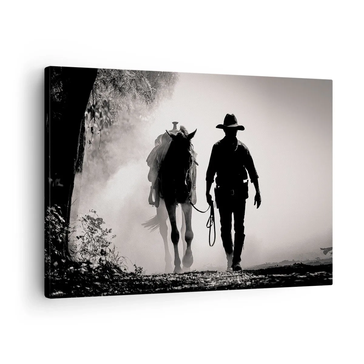 Quadro su tela - Stampe su Tela - Cowboy con cavallo nella nebbia mattutina - 70x50cm - Mattino texano - Decorazione murale moderna per soggiorno e camera da letto ARTTOR