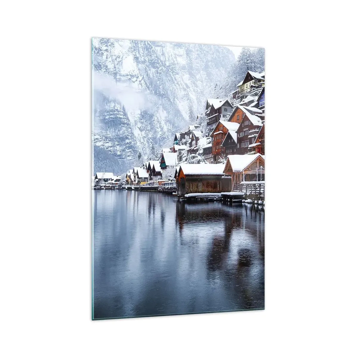 Quadro su vetro - Vista invernale di un villaggio di montagna in riva al lago - 70x100cm - Decorazione invernale - Decorazione murale moderna per soggiorno e camera da letto ARTTOR