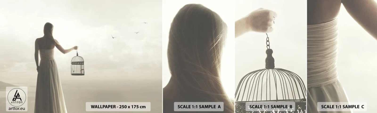 Campione Di Fotomurale Standard Eco - Sii libera - Donna, Gabbia per uccelli, Uccello - 100x30 cm
