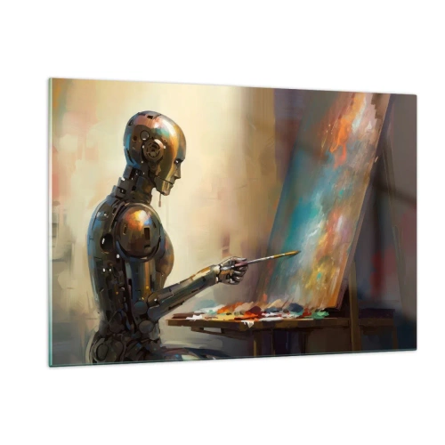 Quadro su vetro - Un robot che dipinge un quadro su un cavalletto - 120x80cm - L'arte del futuro - Decorazione murale moderna per soggiorno e camera da letto ARTTOR