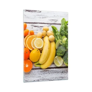 Quadro su vetro - Frutta e verdura colorate su uno sfondo di legno - 80x120cm - Non basta? - Decorazione murale moderna per soggiorno e camera da letto ARTTOR