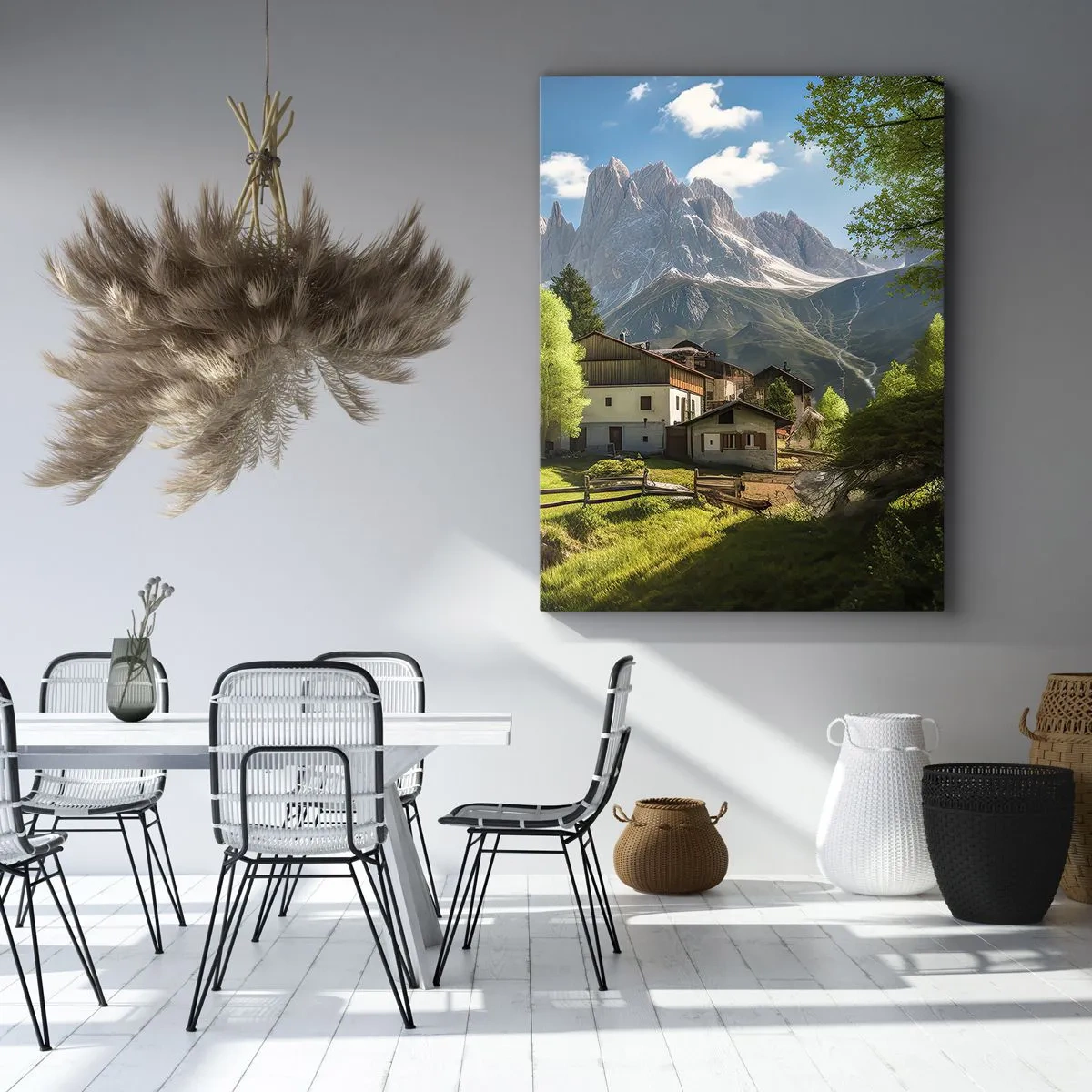 Quadro su tela - Stampe su Tela - Un villaggio di montagna con case e vista sulle Alpi - 70x100cm - Idillio alpino - Decorazione murale moderna per soggiorno e camera da letto ARTTOR