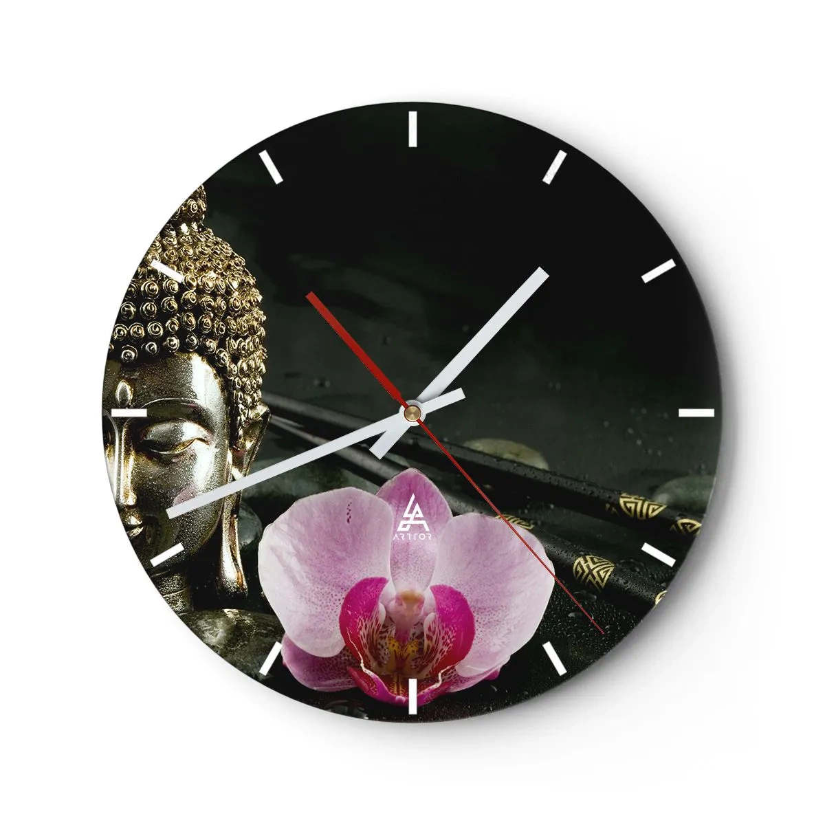 Orologio da parete - Orologio in Vetro - Figura di Buddha con un'orchidea in stile orientale - 30x30cm - Armonia di saggezza e bellezza - Decorazione murale moderna per soggiorno, cucina e camera da letto ARTTOR