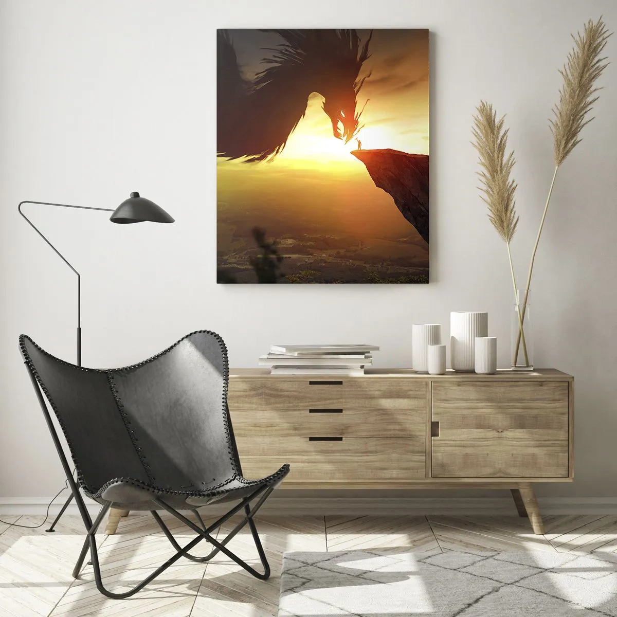 Quadro su vetro - Un drago e un uomo su una roccia al chiarore del sole al tramonto - 70x100cm - Il cacciatore di draghi - Decorazione murale moderna per soggiorno e camera da letto ARTTOR