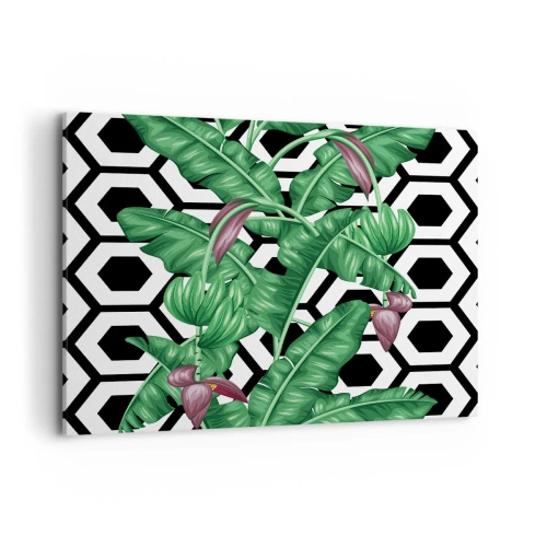 Quadro su tela - Stampe su Tela - Foglie tropicali su sfondo geometrico - 100x70cm - Composizione simmetrica con la natura - Decorazione murale moderna per soggiorno e camera da letto ARTTOR
