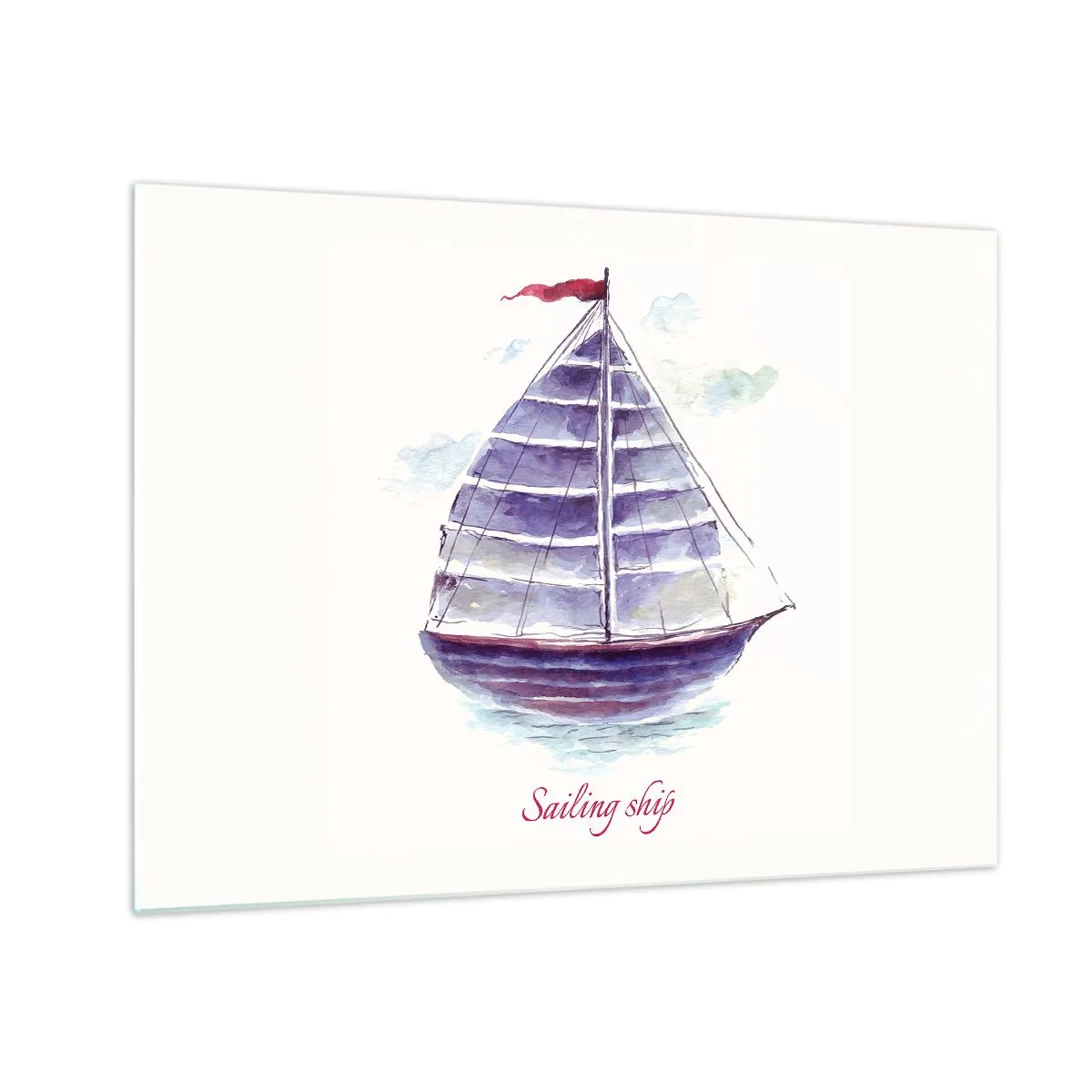 Quadro su vetro - Veliero acquerello con la scritta Veliero - 70x50cm - Gonfie vele e mare calmo - Decorazione murale moderna per soggiorno e camera da letto ARTTOR