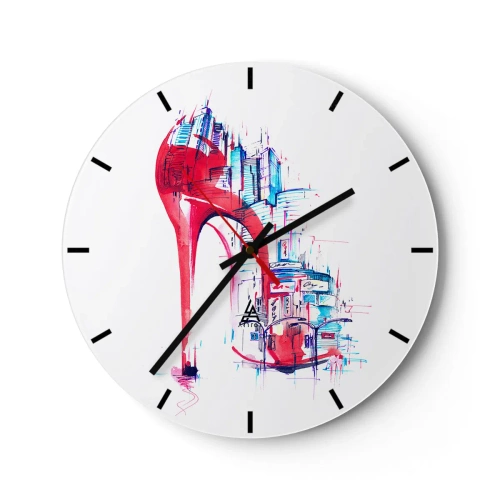 Orologio da parete - Orologio in Vetro - Uno stiletto rosso sullo sfondo dello skyline della città - 30x30cm - Elegante nella grande città - Decorazione murale moderna per soggiorno, cucina e camera da letto ARTTOR