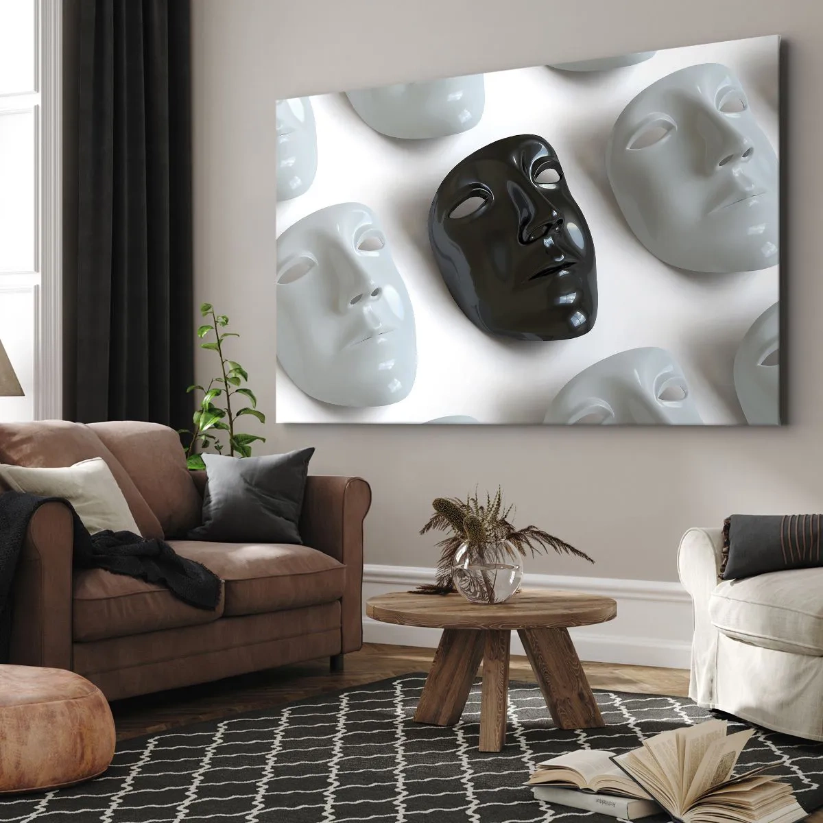 Quadro su tela - Stampe su Tela - Maschere in bianco e nero su sfondo chiaro - 120x80cm - Come distinguersi? - Decorazione murale moderna per soggiorno e camera da letto ARTTOR