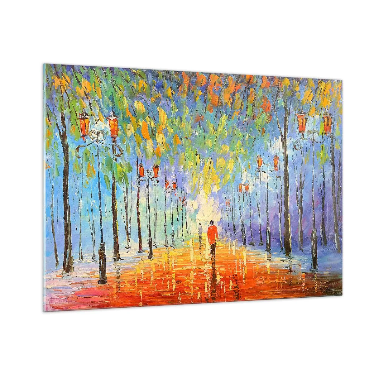 Quadro su vetro - Un parco colorato con un viale e lanterne in stile pittorico - 100x70cm - Canzone notturna sotto la pioggia - Decorazione murale moderna per soggiorno e camera da letto ARTTOR