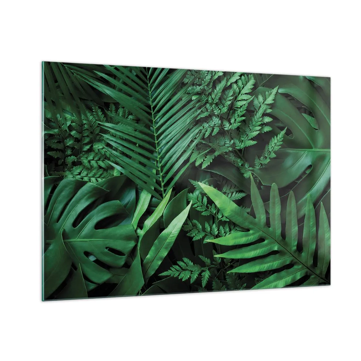 Quadro su vetro - Foglie verdi dense di piante tropicali nella composizione - 100x70cm - Avvolti nel verde - Decorazione murale moderna per soggiorno e camera da letto ARTTOR