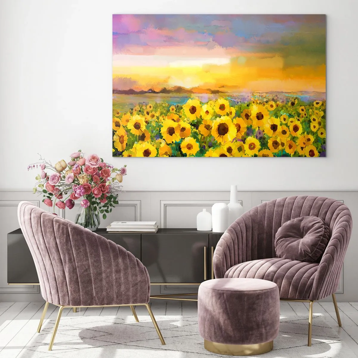 Quadro su vetro - Un campo di girasoli alla luce del sole al tramonto - 120x80cm - Il sole è sceso sulla terra - Decorazione murale moderna per soggiorno e camera da letto ARTTOR