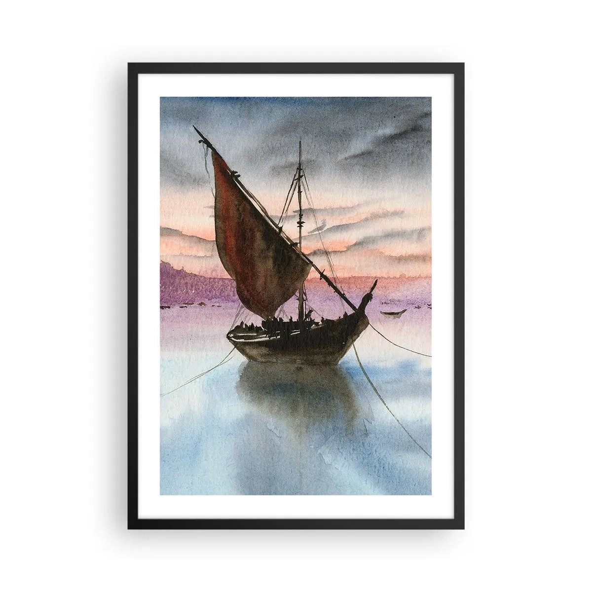 Poster in cornice nera - Una nave a vela in acque calme alla luce del tramonto - 50x70cm - La sera nel porto - Decorazione murale moderna per soggiorno e camera da letto ARTTOR