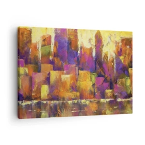 Quadro su tela - Stampe su Tela - Composizione astratta di una metropoli nei toni del giallo e del viola - 70x50cm - Composizione metropolitana - Decorazione murale moderna per soggiorno e camera da letto ARTTOR