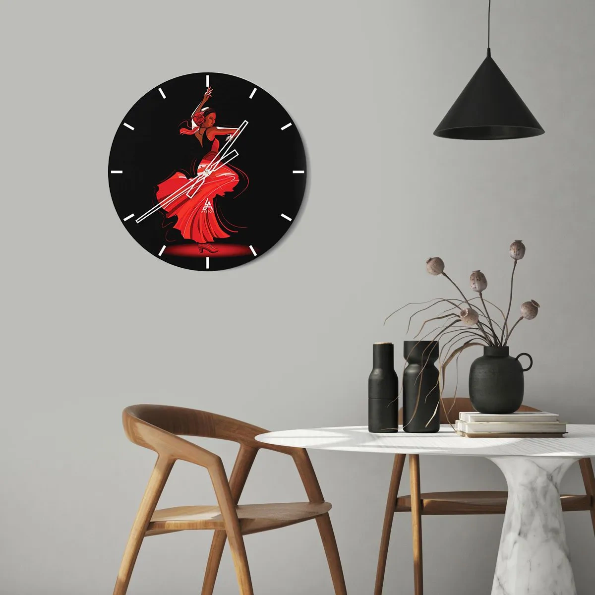 Orologio da parete - Orologio in Vetro - Ballerina di flamenco in abito rosso su sfondo nero - 30x30cm - Lo spirito focoso del flamenco - Decorazione murale moderna per soggiorno, cucina e camera da letto ARTTOR