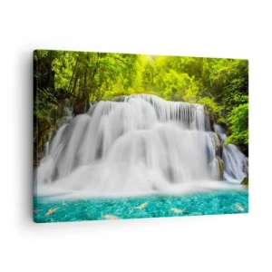 Quadro su tela - Stampe su Tela - Una cascata in una foresta tropicale con acqua turchese - 70x50cm - Cascata spumeggiante dal verde all'azzurro - Decorazione murale moderna per soggiorno e camera da letto ARTTOR