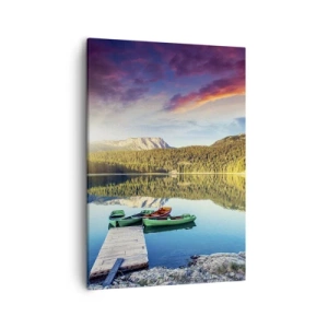 Quadro su tela - Stampe su Tela - Tramonto sul lago con barche al molo - 50x70cm - Sull'acqua liscia come uno specchio - Decorazione murale moderna per soggiorno e camera da letto ARTTOR