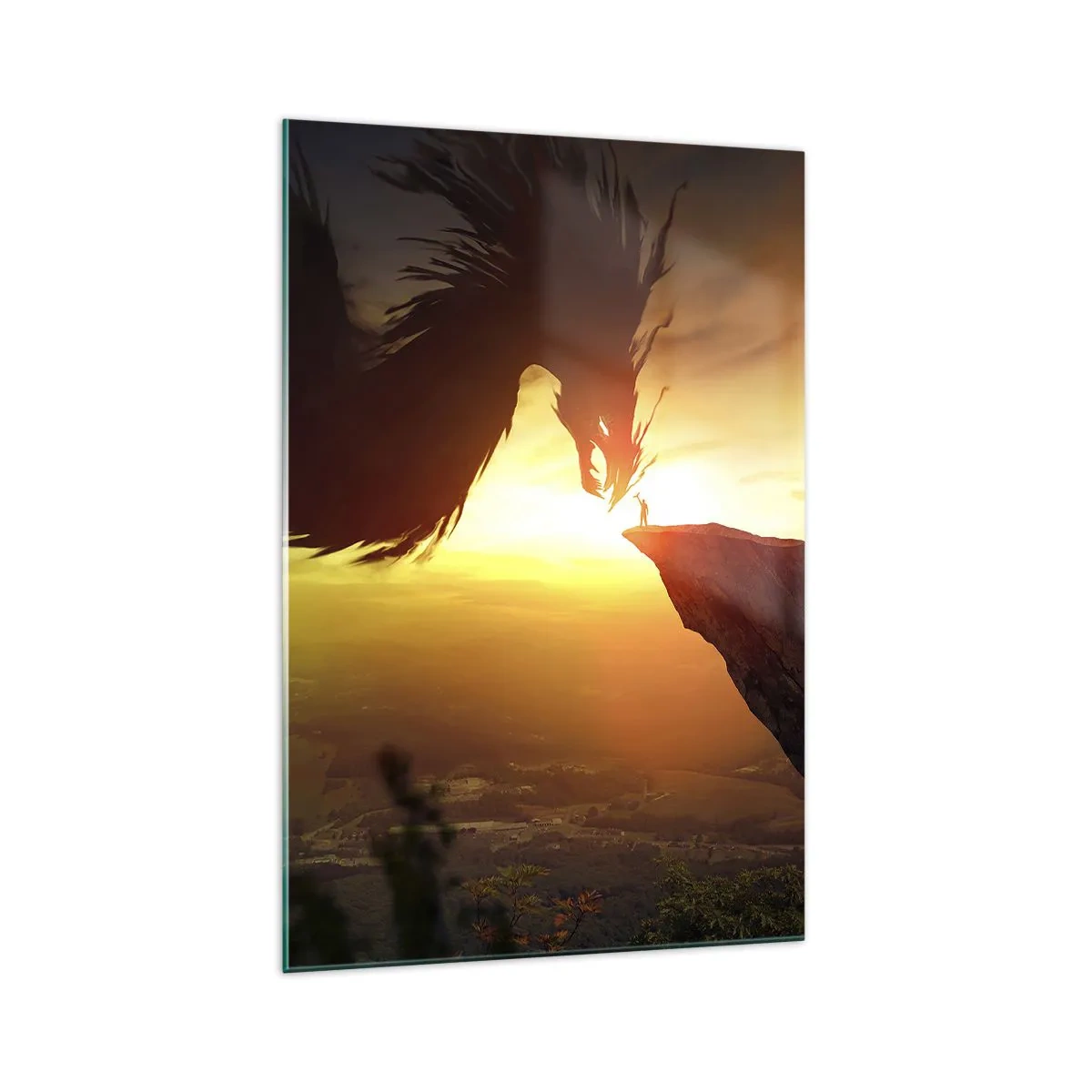 Quadro su vetro - Un drago e un uomo su una roccia al chiarore del sole al tramonto - 70x100cm - Il cacciatore di draghi - Decorazione murale moderna per soggiorno e camera da letto ARTTOR