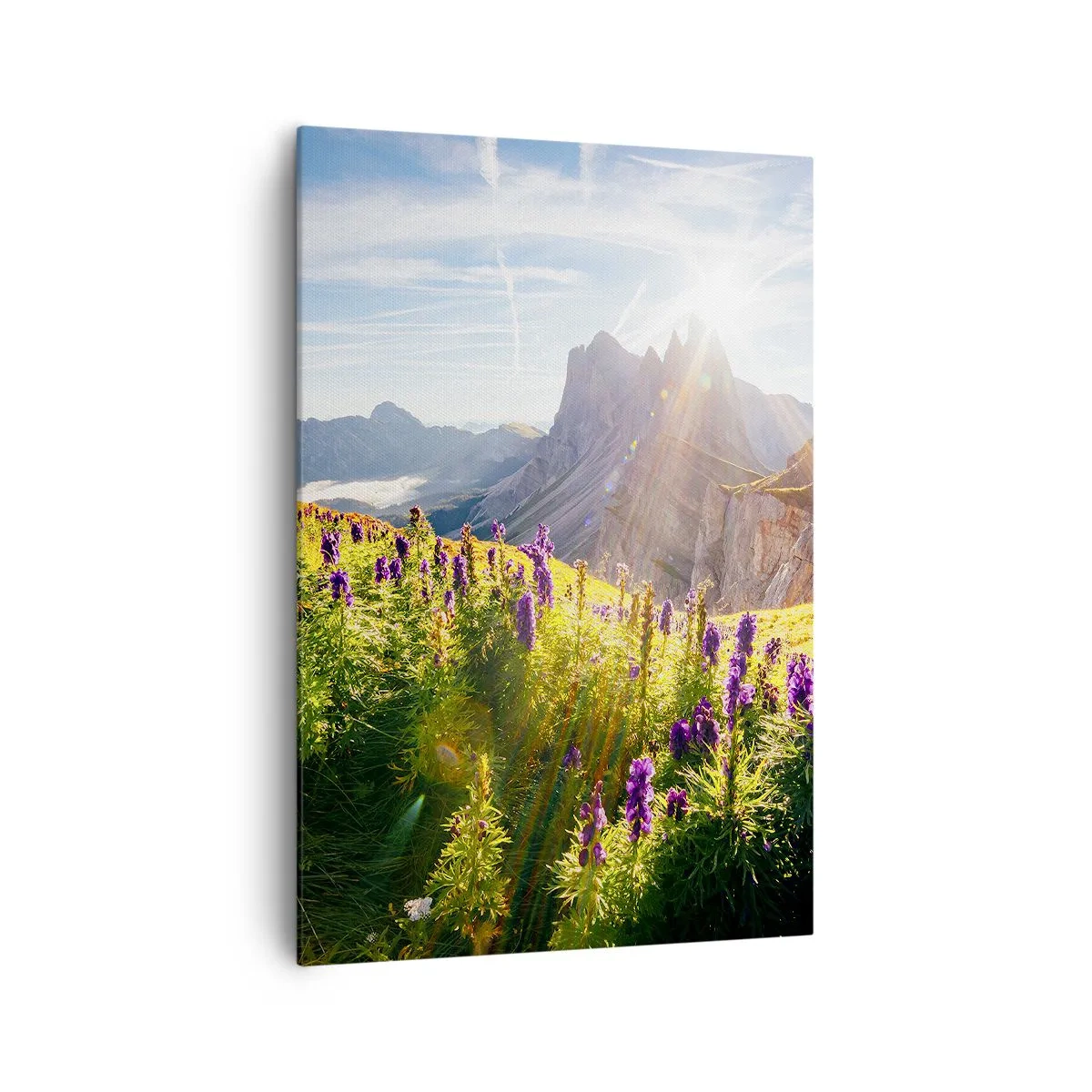 Quadro su tela - Stampe su Tela - Paesaggio montano con fiori alla luce del sole nascente - 70x100cm - La vita segreta delle erbe - Decorazione murale moderna per soggiorno e camera da letto ARTTOR