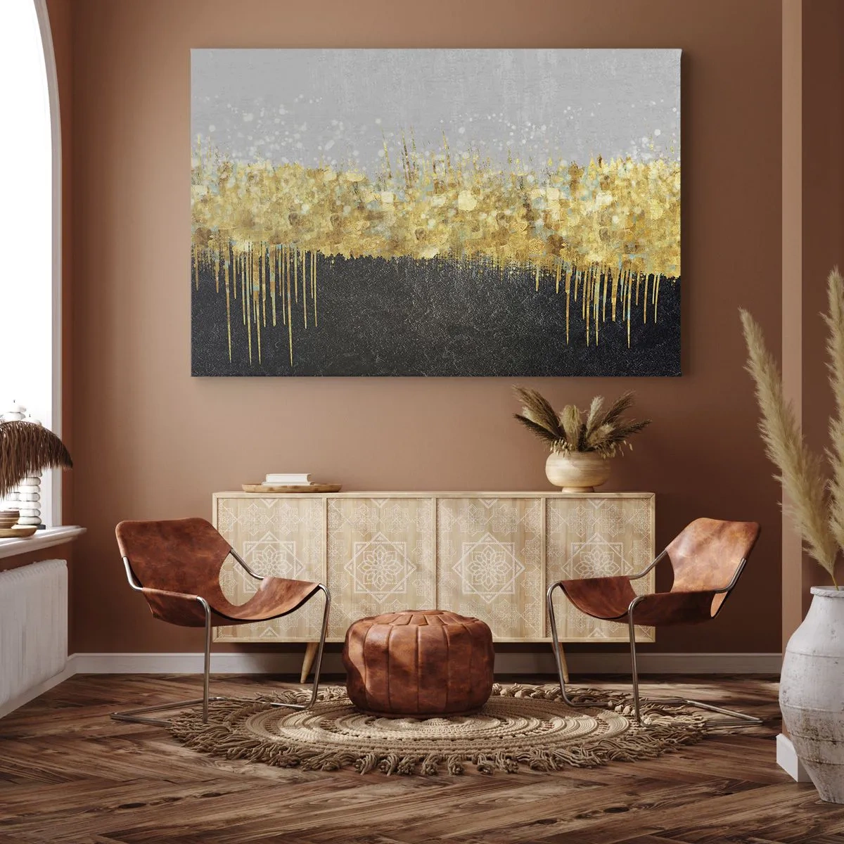 Quadro su tela - Stampe su Tela - Composizione astratta nei toni dell'oro e del nero - 70x50cm - Nel profondo e verso l'alto - Decorazione murale moderna per soggiorno e camera da letto ARTTOR