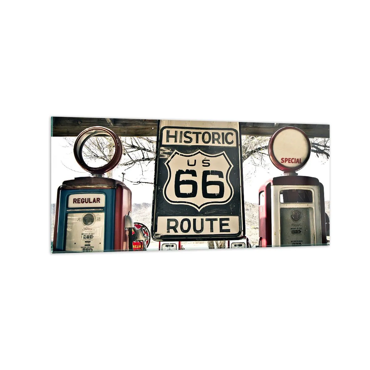 Quadro su vetro - Stazione di servizio storica della Route 66 - 120x50cm - Viaggio retro americano - Decorazione murale moderna per soggiorno e camera da letto ARTTOR