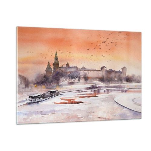 Quadro su vetro - Tramonto sul castello reale e sul fiume in inverno - 120x80cm - Tramonto reale - Decorazione murale moderna per soggiorno e camera da letto ARTTOR