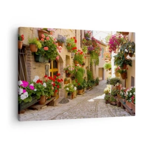 Quadro su tela - Stampe su Tela - Una strada con fiori in vaso e muri in pietra - 70x50cm - Un'esplosione di fiori - Decorazione murale moderna per soggiorno e camera da letto ARTTOR