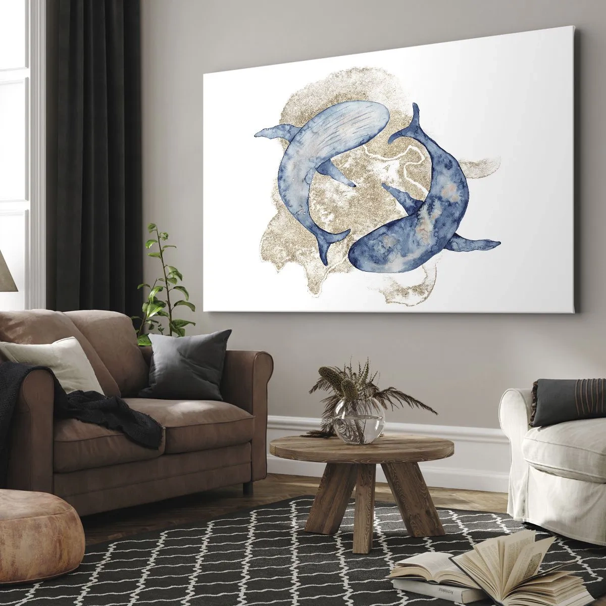 Quadro su tela - Stampe su Tela - Balene blu astratte su uno sfondo chiaro - 120x80cm - Amicizia o amore? - Decorazione murale moderna per soggiorno e camera da letto ARTTOR