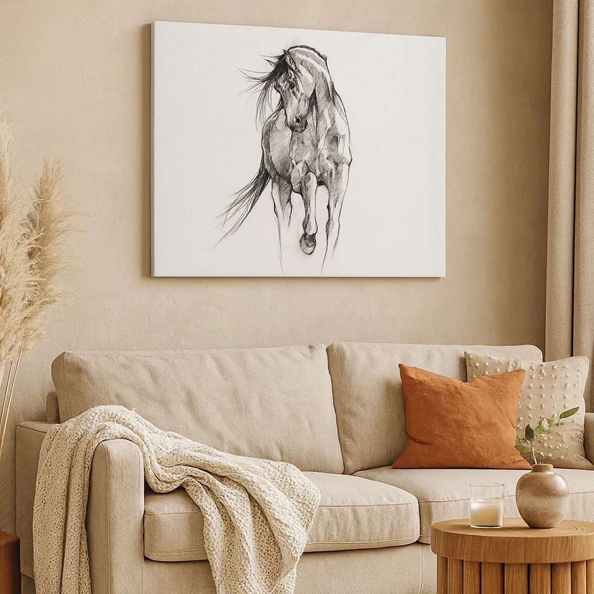 Quadro su tela - Stampe su Tela - Schizzo in bianco e nero di un cavallo al galoppo - 70x50cm - Trotto aggraziato - Decorazione murale moderna per soggiorno e camera da letto ARTTOR