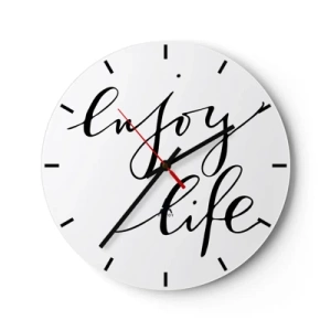 Orologio da parete - Orologio in Vetro - Un orologio bianco con la scritta nera Enjoy Life su uno sfondo minimalista. - 30x30cm - Niente da aggiungere... - Decorazione murale moderna per soggiorno, cucina e camera da letto ARTTOR