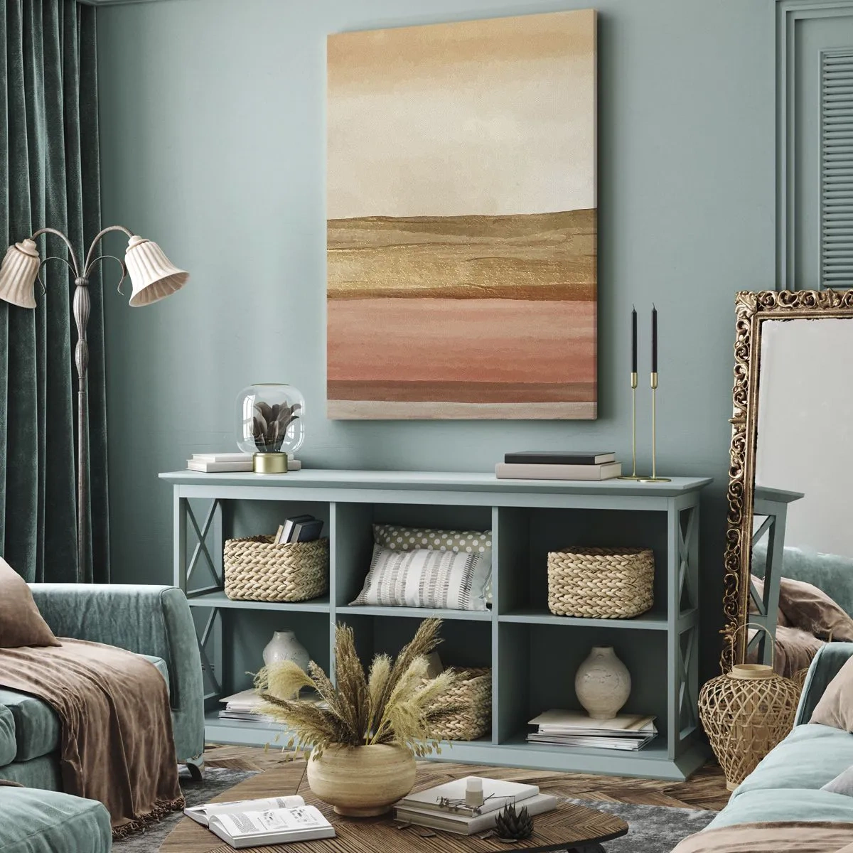 Quadro su tela - Stampe su Tela - Strisce astratte nei toni del beige, oro e rosa su tela - 50x70cm - Composizione verticale - Decorazione murale moderna per soggiorno e camera da letto ARTTOR