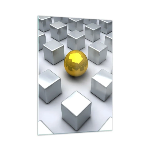 Quadro su vetro - Una sfera dorata circondata da cubi d'argento - 50x70cm - Perché io? Composizione geometrica - Decorazione murale moderna per soggiorno e camera da letto ARTTOR
