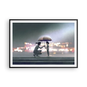 Poster in cornice nera - Una figura con un ombrello che protegge un bambino sullo sfondo delle luci notturne. - 100x70cm - E già tutto va bene - Decorazione murale moderna per soggiorno e camera da letto ARTTOR
