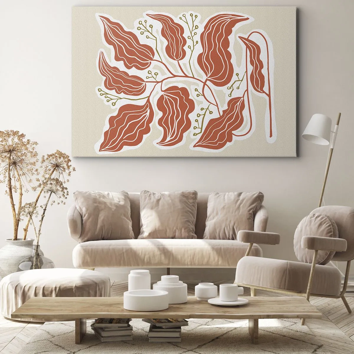 Quadro su tela - Stampe su Tela - Un motivo a foglie minimalista nelle tonalità dell'arancione e del verde. - 70x50cm - Folklore color corallo - Decorazione murale moderna per soggiorno e camera da letto ARTTOR
