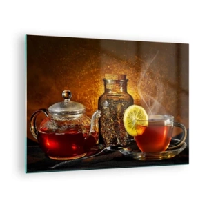 Quadro su vetro - Una teiera di vetro e una tazza di tè al limone - 70x50cm - Nello stile dei maestri olandesi - Decorazione murale moderna per soggiorno e camera da letto ARTTOR