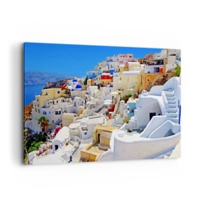 Quadro su tela - Stampe su Tela - Panorama di Santorini con case bianche e cielo azzurro - 120x80cm - Sogno di un'estate greca - Decorazione murale moderna per soggiorno e camera da letto ARTTOR