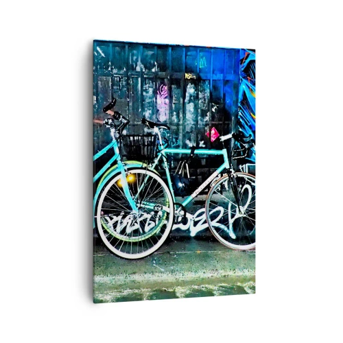 Quadro su tela - Stampe su Tela - Due biciclette turchesi sullo sfondo di graffiti urbani. - 70x100cm - La città chiama - Decorazione murale moderna per soggiorno e camera da letto ARTTOR