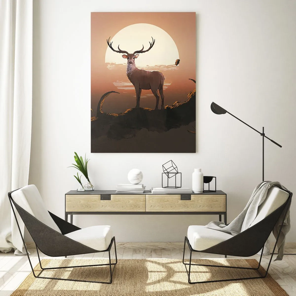 Quadro su vetro - Un cervo sullo sfondo del sole al tramonto e di un paesaggio surreale - 70x100cm - Questa notte è diversa dalle altre - Decorazione murale moderna per soggiorno e camera da letto ARTTOR