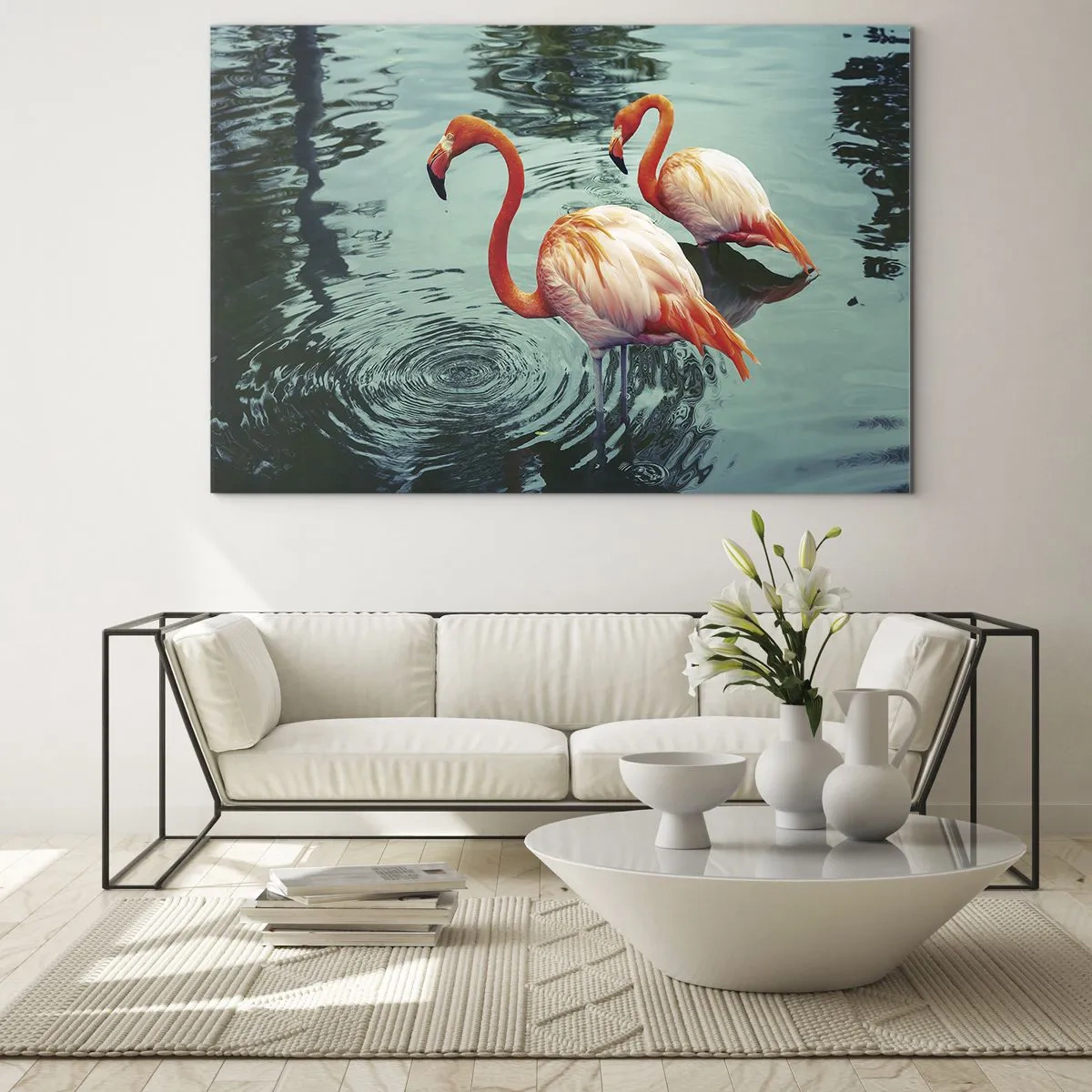 Quadro su vetro - Fenicotteri sull'acqua in una composizione armoniosa - 100x70cm - Adesso siamo di moda - Decorazione murale moderna per soggiorno e camera da letto ARTTOR