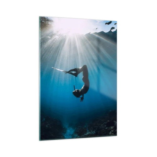 Quadro su vetro - Un subacqueo che si muove sott'acqua sotto i raggi di luce - 50x70cm - Danza subacquea - Decorazione murale moderna per soggiorno e camera da letto ARTTOR