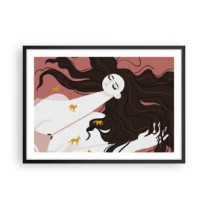 Poster in cornice nera - Una figura con gli occhi chiusi circondata da cavalli dorati - 70x50cm - Il sogno del cavallo d'oro - Decorazione murale moderna per soggiorno e camera da letto ARTTOR