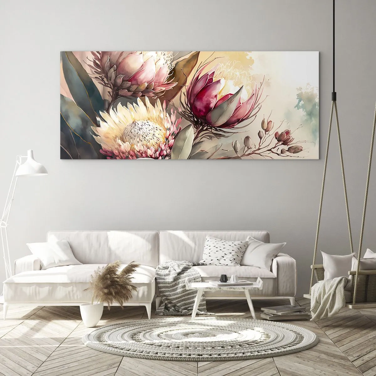 Quadro su vetro - Fiori di protea in delicate tonalità pastello - 120x50cm - Di profilo e di fronte - Decorazione murale moderna per soggiorno e camera da letto ARTTOR