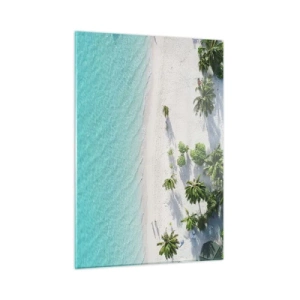 Quadro su vetro - Una vista a volo d'uccello di una spiaggia tropicale con palme e un mare turchese - 50x70cm - Vacanze in paradiso - Decorazione murale moderna per soggiorno e camera da letto ARTTOR