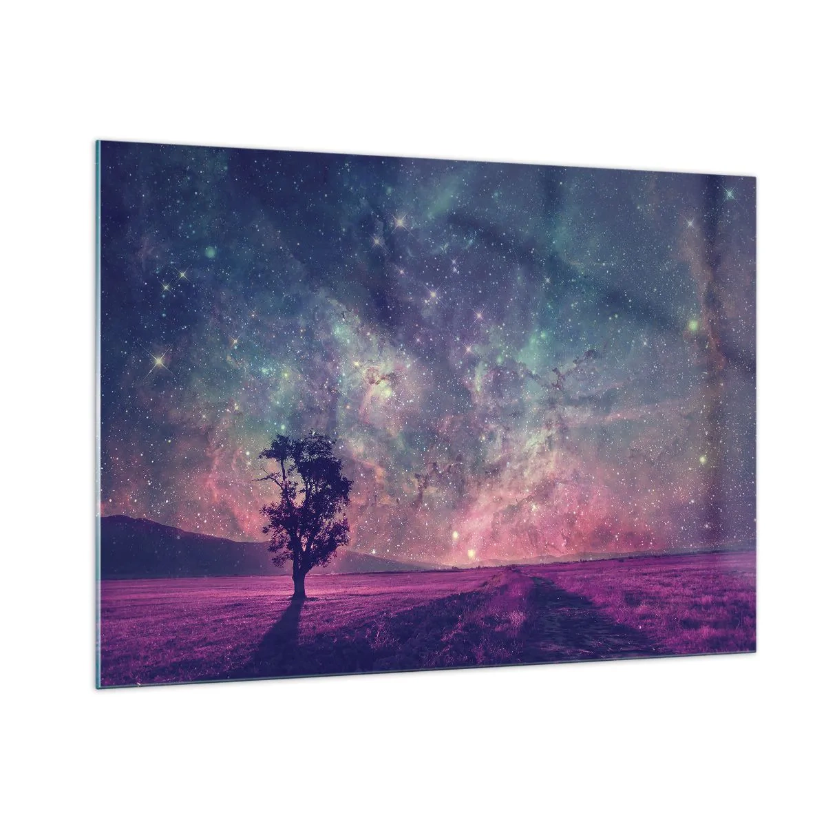Quadro su vetro - Un albero sullo sfondo di un cielo stellato e di una galassia - 100x70cm - Sotto un cielo magico - Decorazione murale moderna per soggiorno e camera da letto ARTTOR