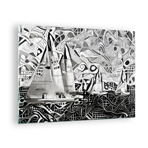 Quadro su vetro - Astrazione in bianco e nero con barche a vela e motivi geometrici - 70x50cm - Tra le onde - Decorazione murale moderna per soggiorno e camera da letto ARTTOR